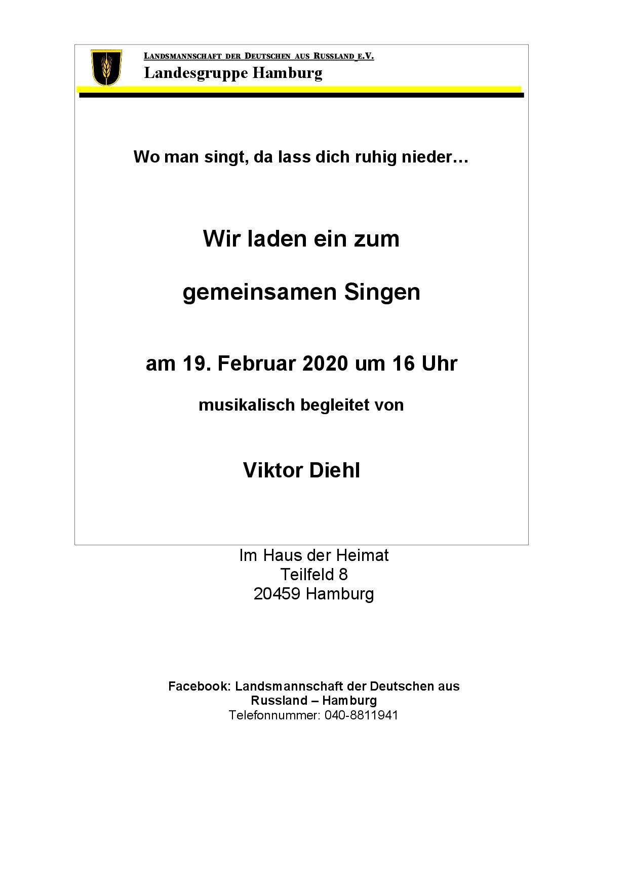 Einladung zum gemeinsamen Singen am 19.2.2020